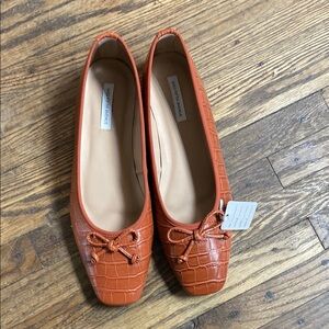Saks Fifth Avenue Orange Croc-Embossed Square-Toe Ballet Flats